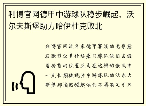 利博官网德甲中游球队稳步崛起，沃尔夫斯堡助力哈伊杜克败北